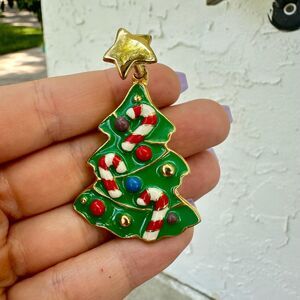 Vintage Jewelry Green Enamel Christmas Tree w Candy Canes & Spring Loaded Star